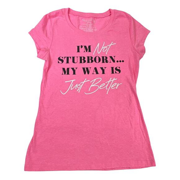 Wound Up Pink Graphic "Im Not Stubborn" Tee Juniors M(7-9) Scoop Neck Short Slee - Picture 1 of 9